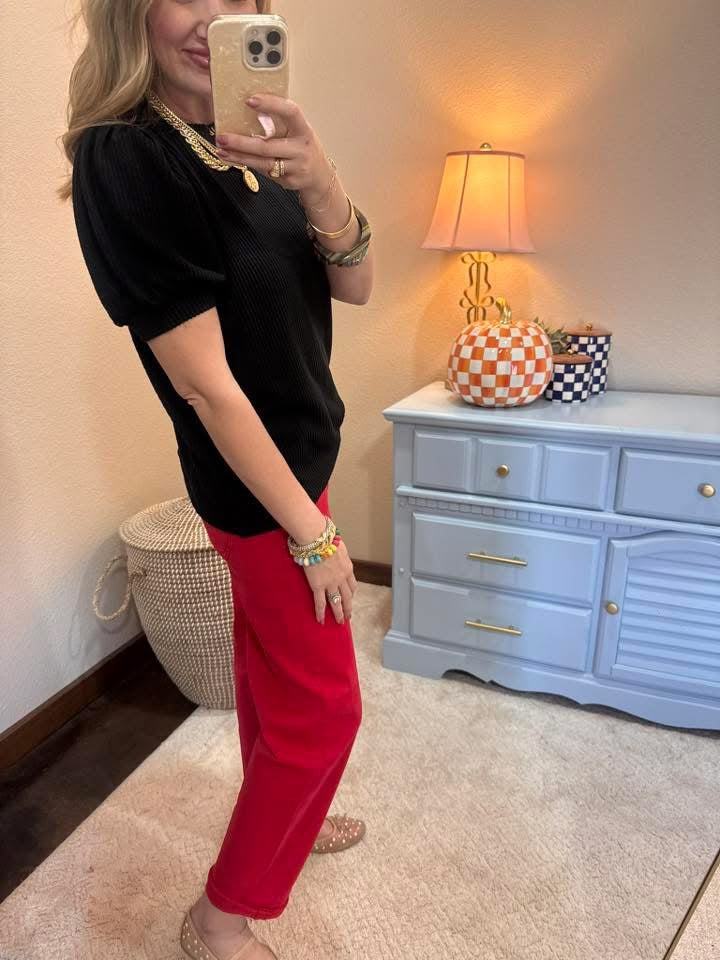 Black Raised Rib Puff Sleeve Top