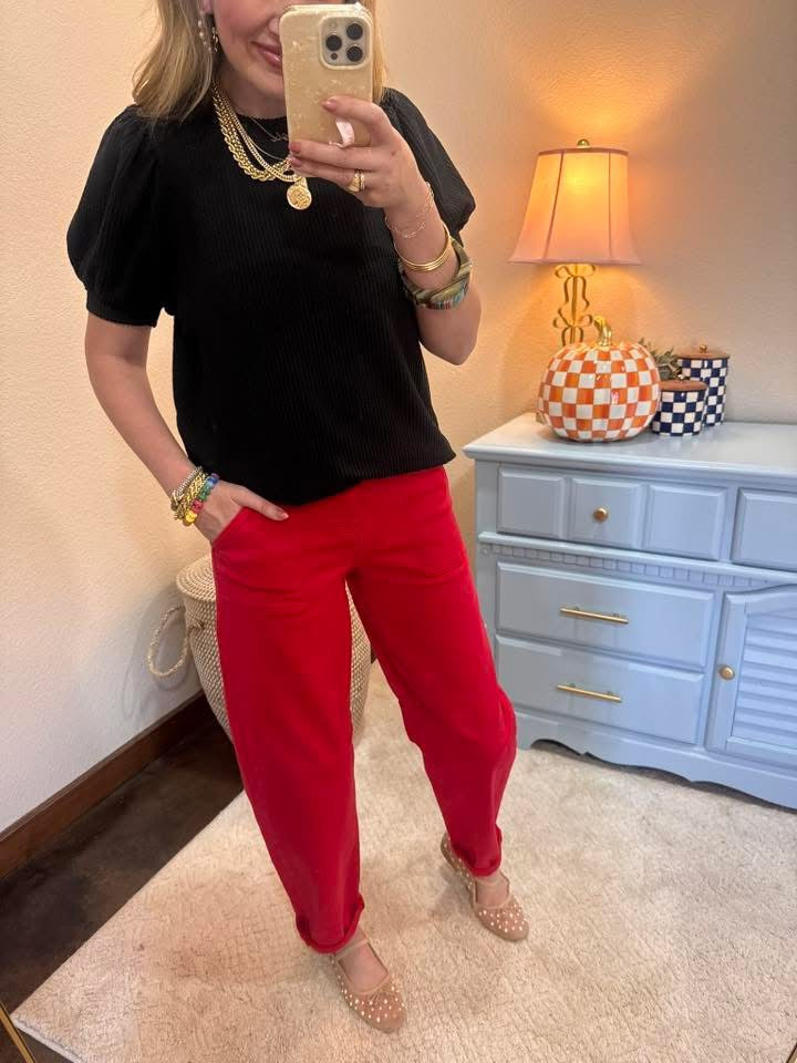 Black Raised Rib Puff Sleeve Top