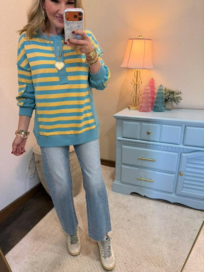 Yellow and Blue Over-sized Striped Half Button Down Casual Knit Top FS