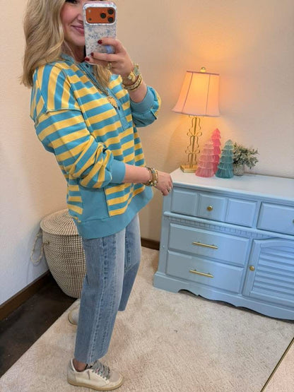 Yellow and Blue Over-sized Striped Half Button Down Casual Knit Top FS