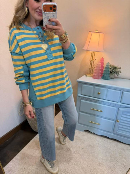 Yellow and Blue Over-sized Striped Half Button Down Casual Knit Top FS