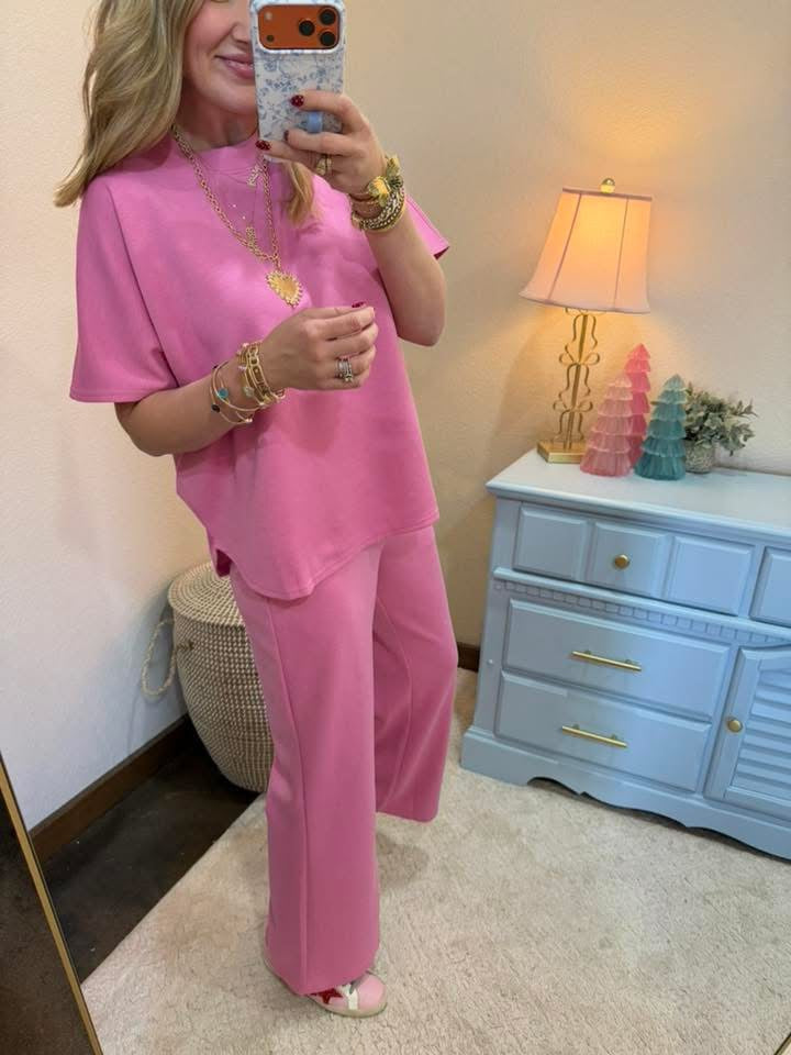 Candy PInk Scuba Curbed Hem Top & Pants Set