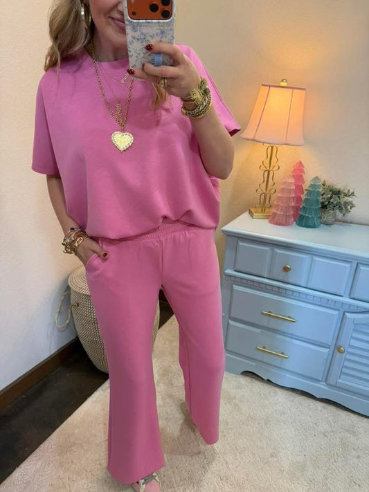 Candy PInk Scuba Curbed Hem Top & Pants Set