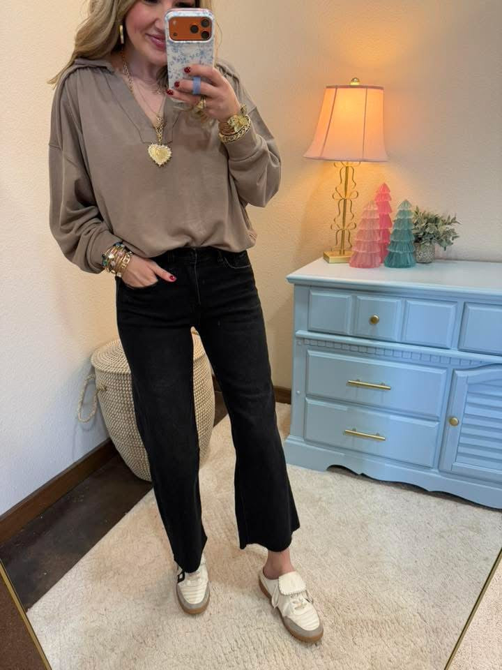 Cocoa French Terry Collared Pullover