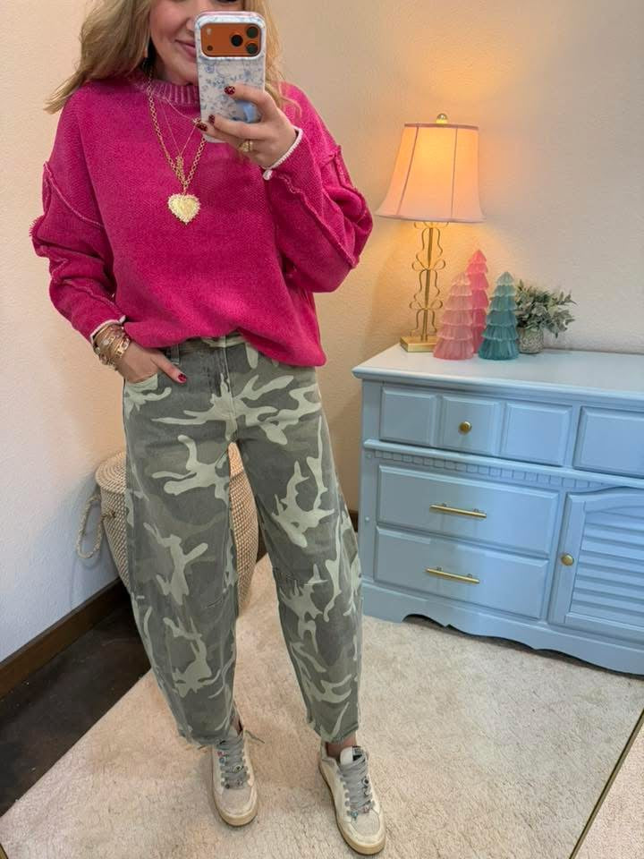 Neon Hot Pink Exposed Hem Round Neck Sweater