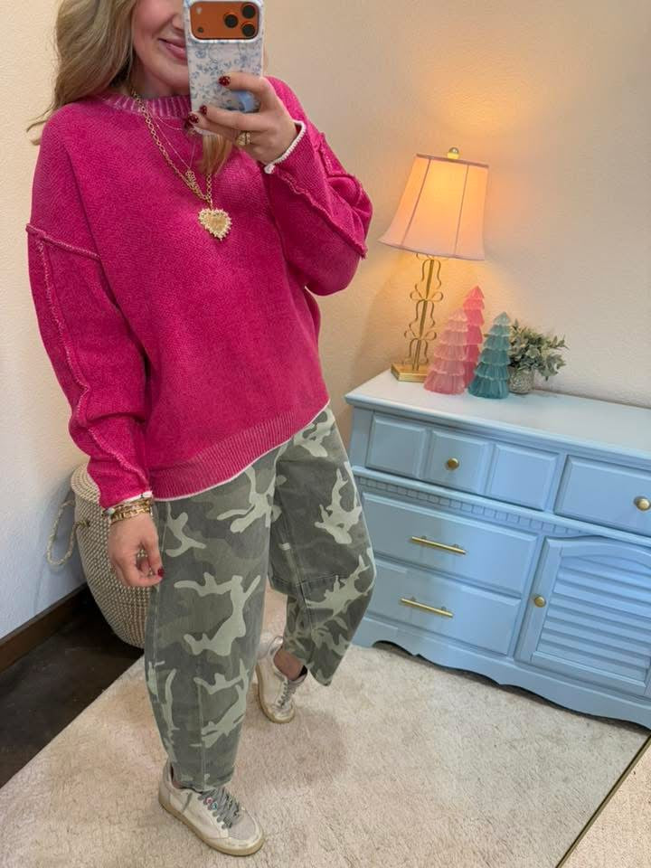 Neon Hot Pink Exposed Hem Round Neck Sweater