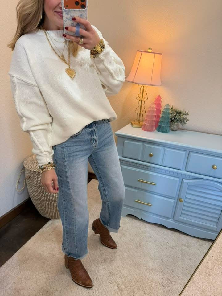 Off White  Exposed Hem Round Neck Sweater