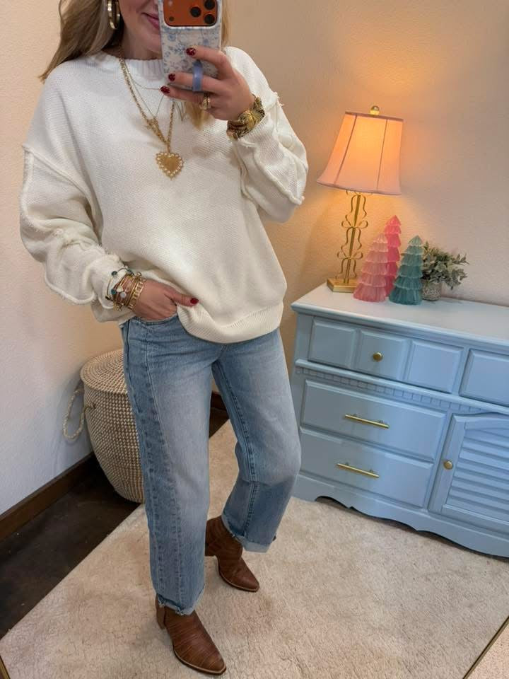 Off White  Exposed Hem Round Neck Sweater