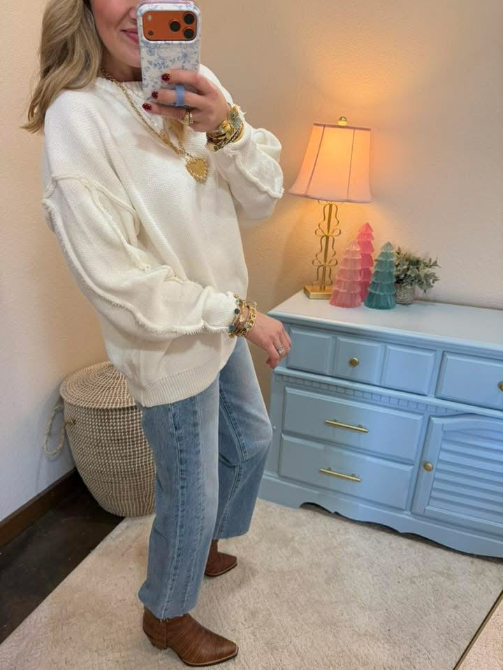 Off White  Exposed Hem Round Neck Sweater