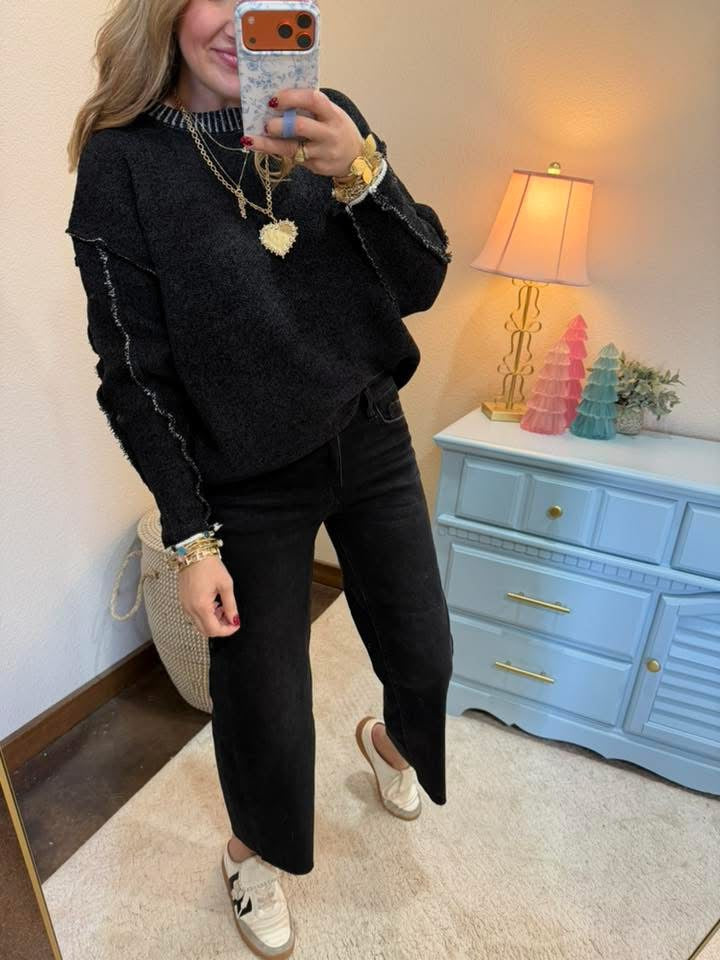 Black Exposed Hem Round Neck Sweater