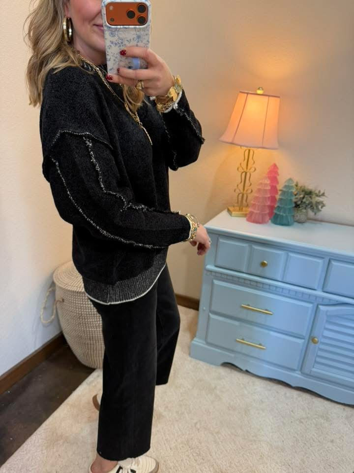 Black Exposed Hem Round Neck Sweater