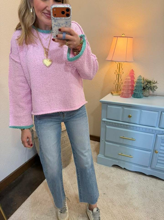 Soft Lavender Contrast Trim Boat Neck Sweater