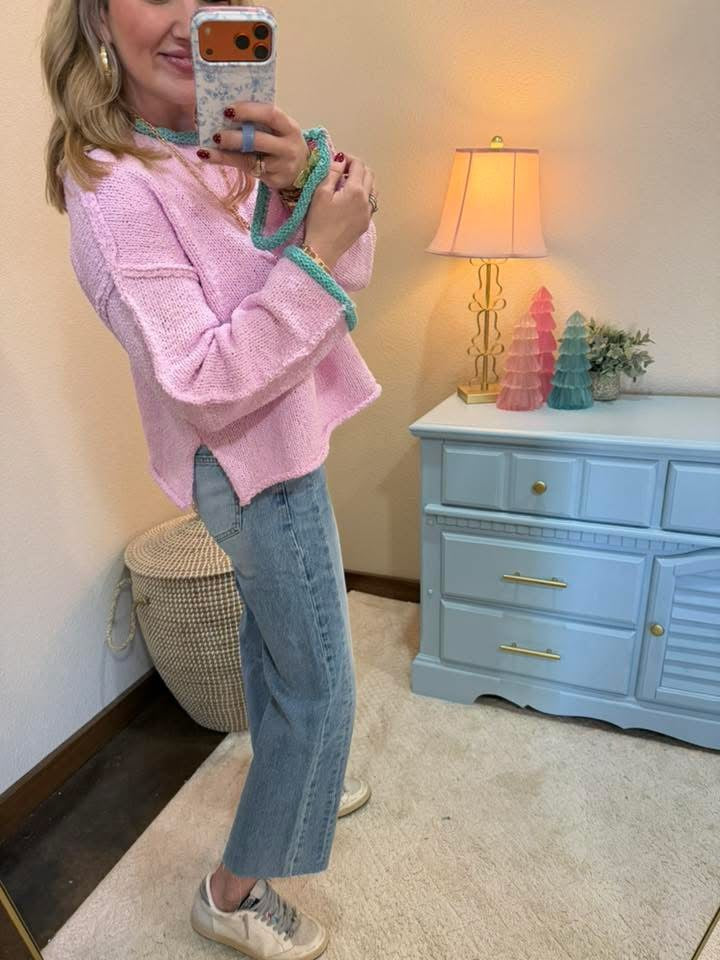 Soft Lavender Contrast Trim Boat Neck Sweater