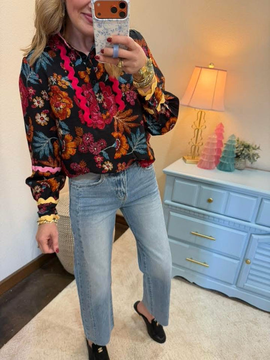 Black Ric Rac Trimmed Stand Collar Blouse