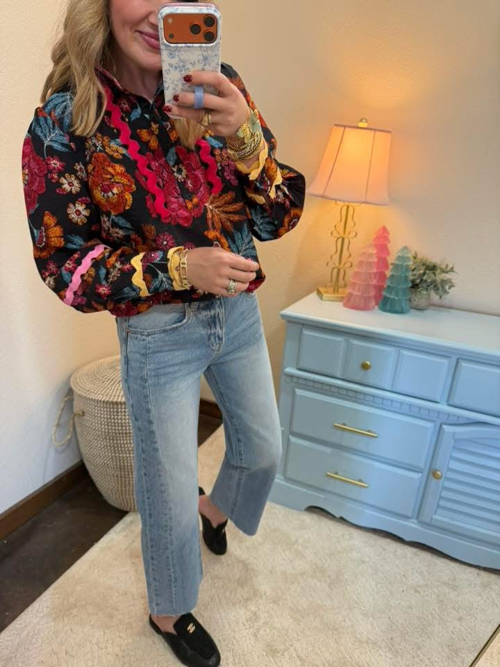 Black Ric Rac Trimmed Stand Collar Blouse