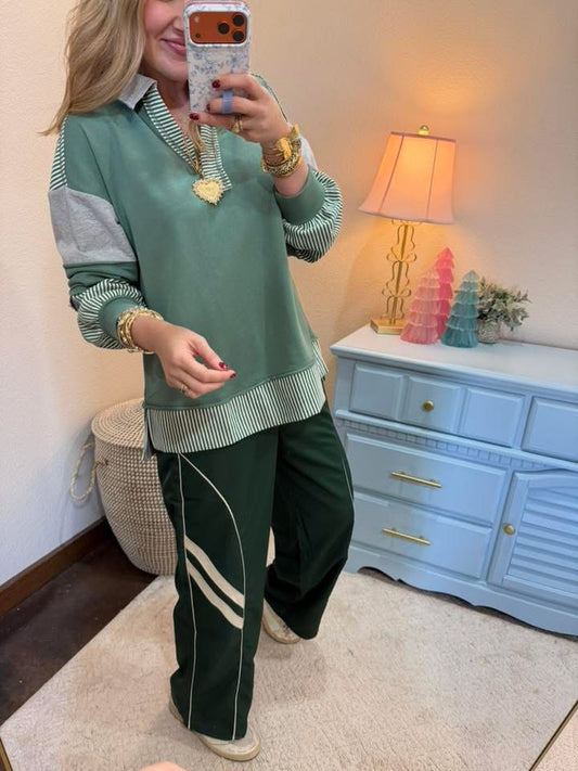 Forest Wide Leg Track Pants W/ Piping Detail