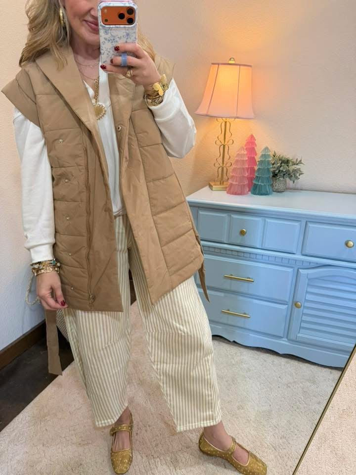 Taupe Padded Wrap Vest With Shawl Collar