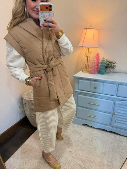 Taupe Padded Wrap Vest With Shawl Collar