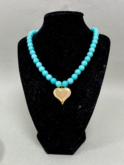Turquoise Gold  Beaded Puff Heart Necklace
