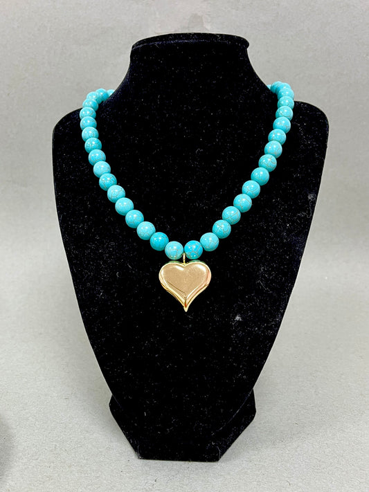 Turquoise Gold  Beaded Puff Heart Necklace
