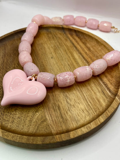 Pink Beaded Heart Necklace