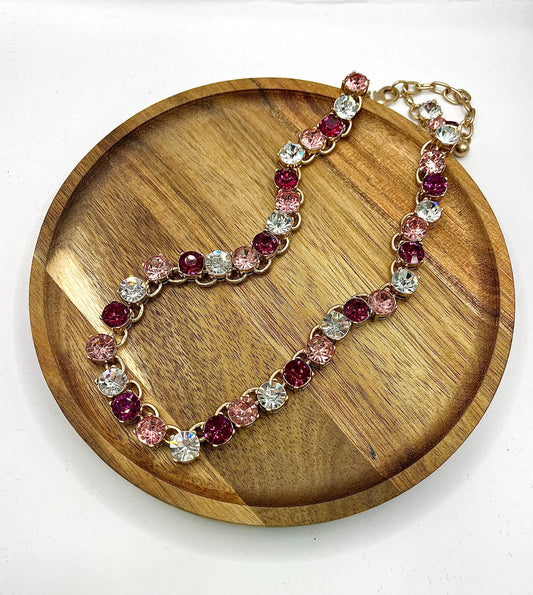 Fuchsia Multi Gold Crystal Chain Necklace