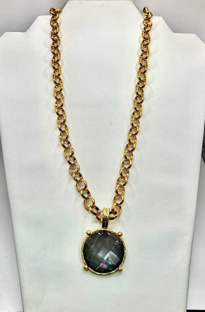 Smoky Gray Antique Round Stone Pendant Necklace