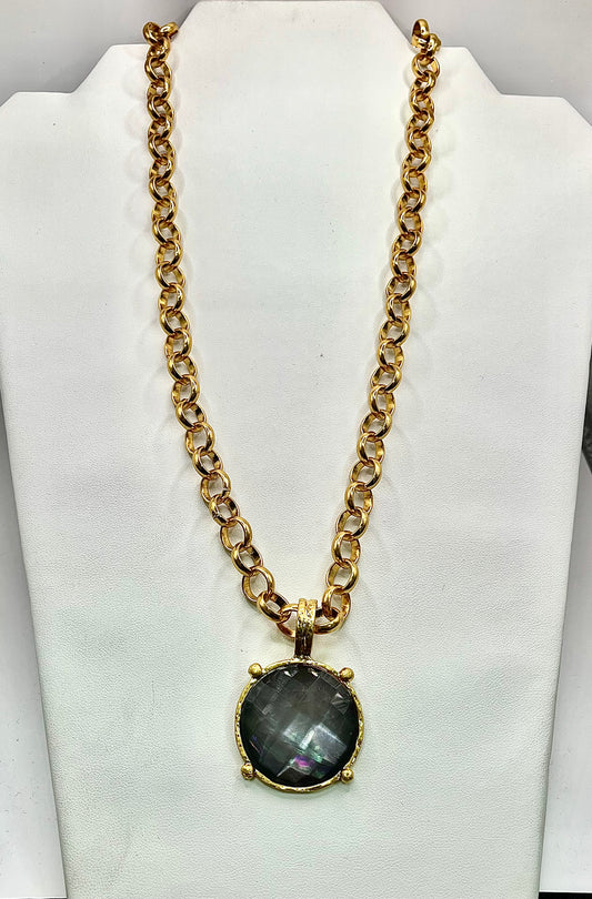 Smokey Gray Antique Round Stone Pendant Necklace