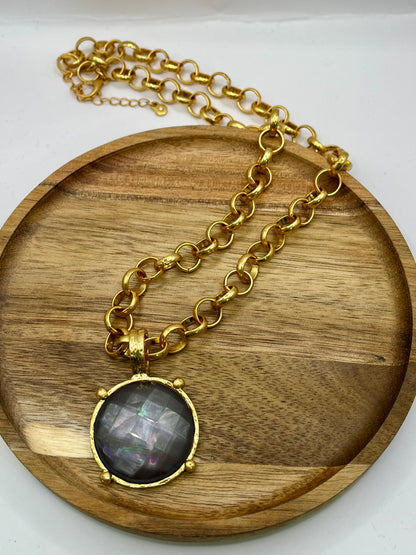 Smoky Gray Antique Round Stone Pendant Necklace
