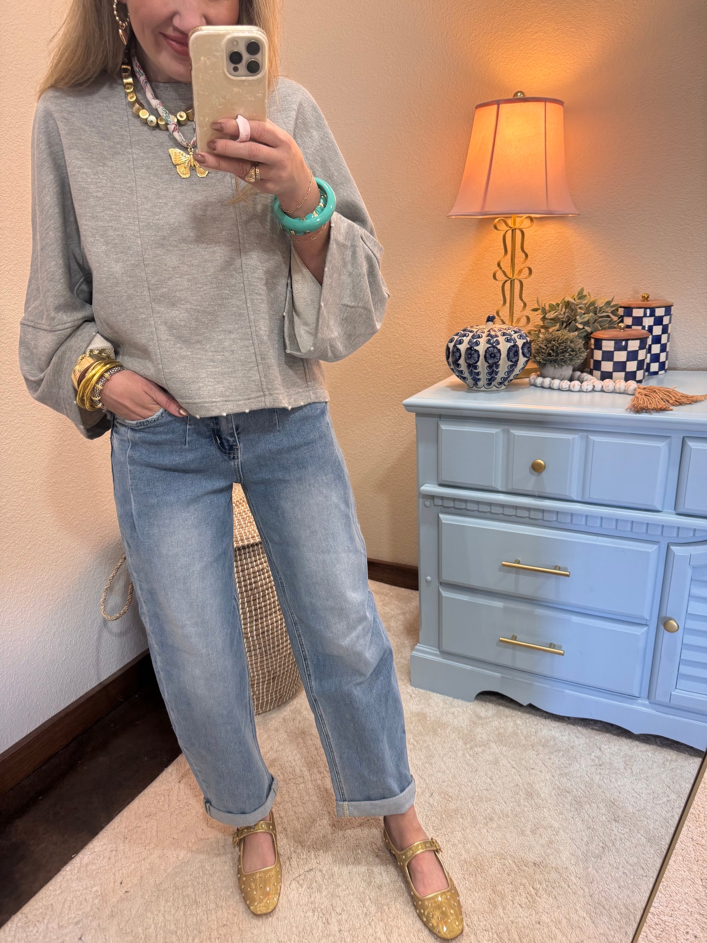 Heather Gray Bell Sleeve Raw Hem Top