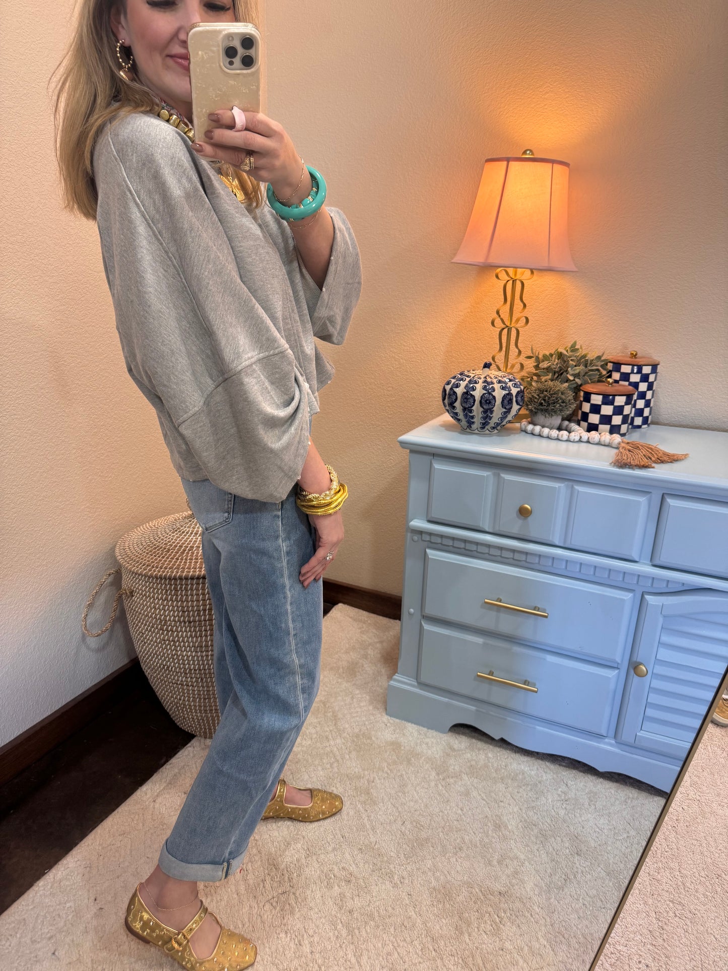 Heather Gray Bell Sleeve Raw Hem Top