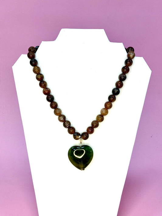 Brown Beaded with Green Stone Heart- Final Sale
