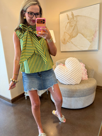 Green Tie Neck Sleeveless Stripe Top
