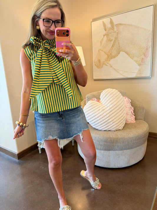 Green Tie Neck Sleeveless Stripe Top