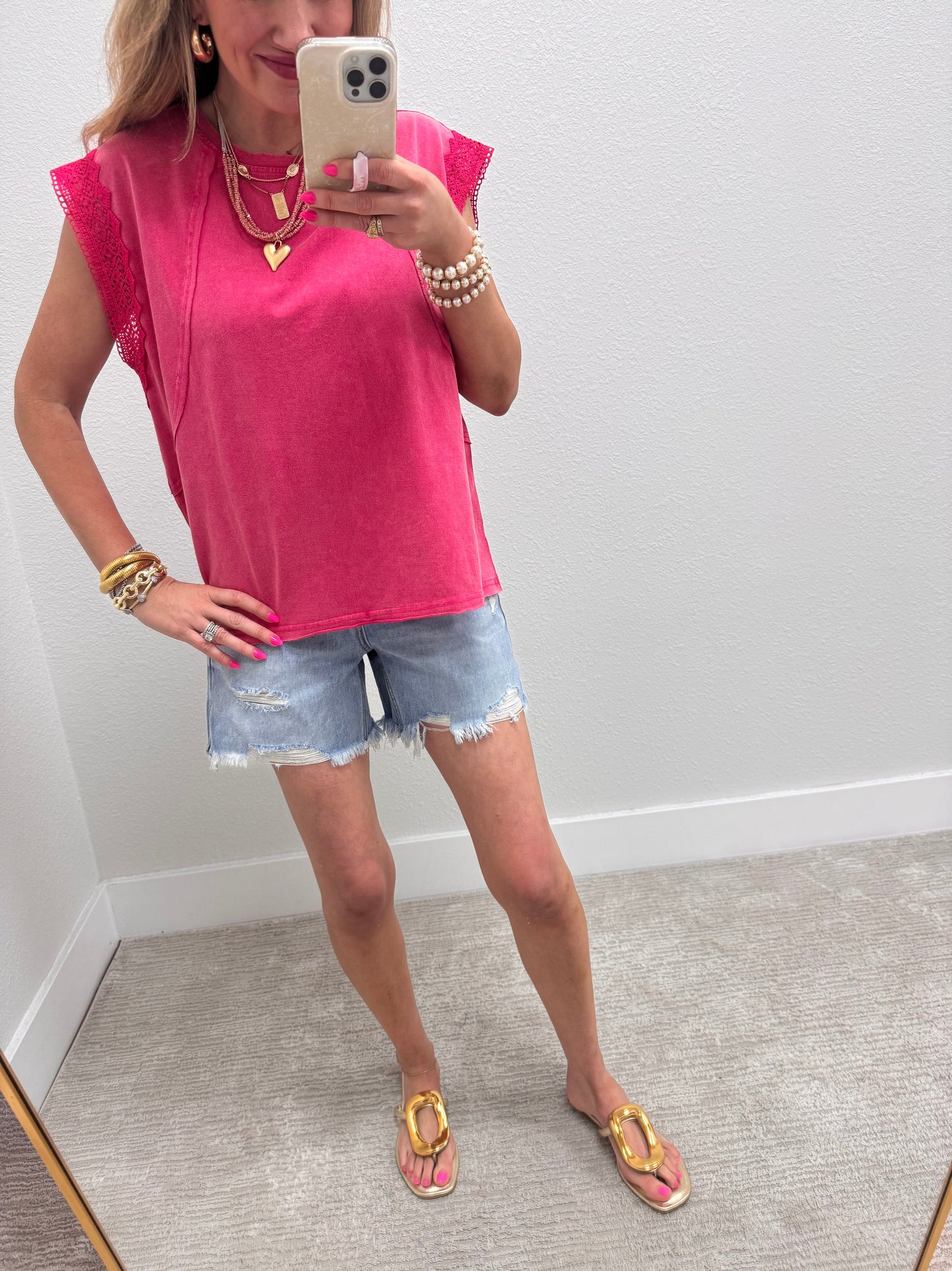 Pink Vintage Knit Top with Lace Detail