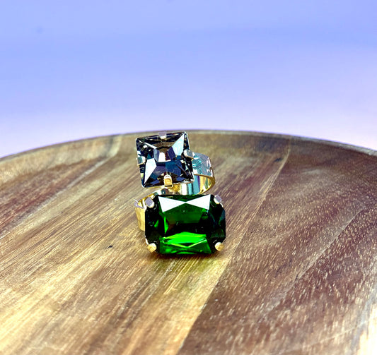 Heather Welper Green Two Tone Luxe Adjustable Crystal Ring