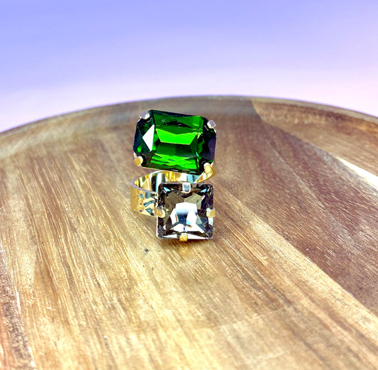 Heather Welper Green Two Tone Luxe Adjustable Crystal Ring