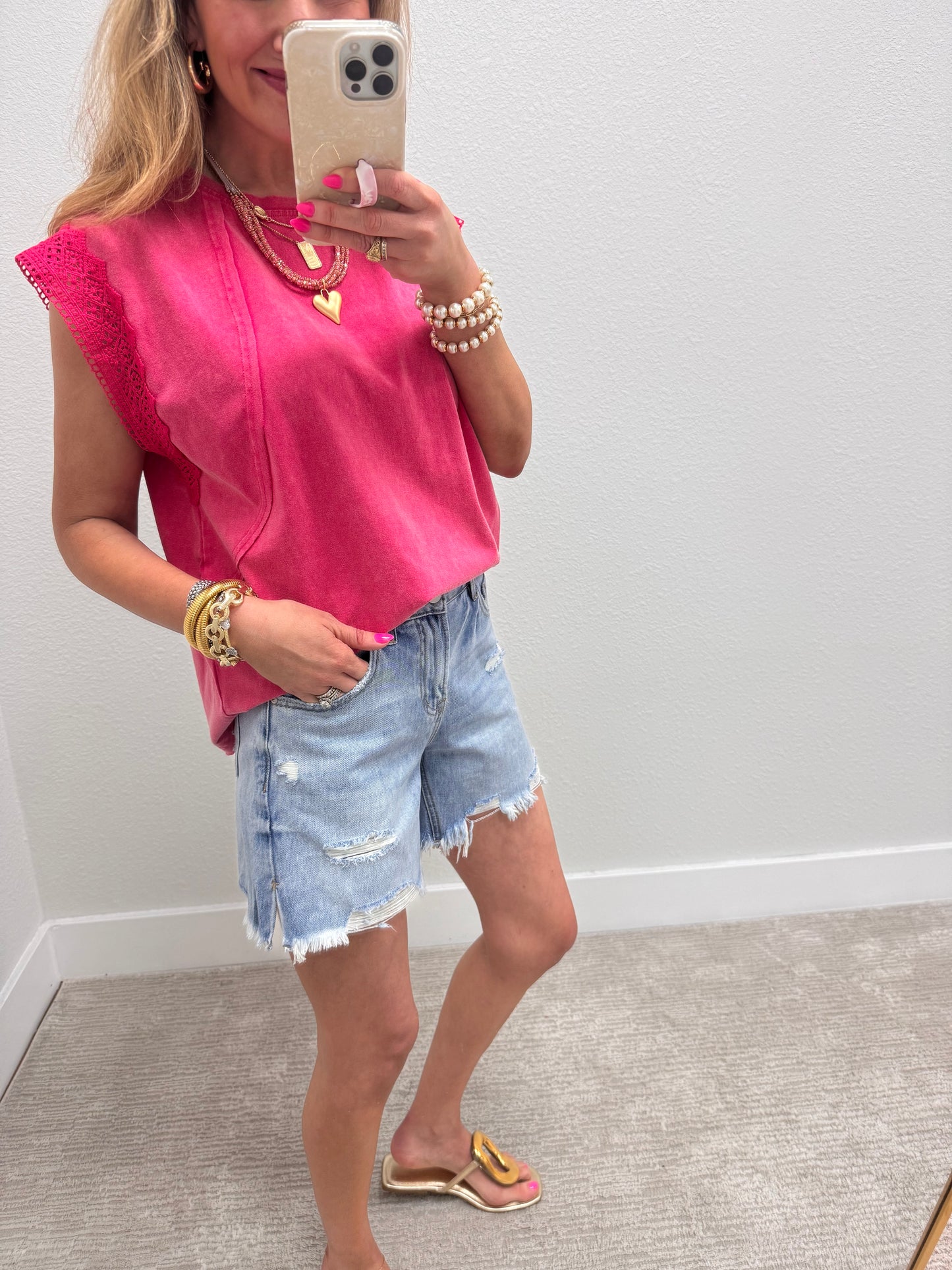 Pink Vintage Knit Top with Lace Detail