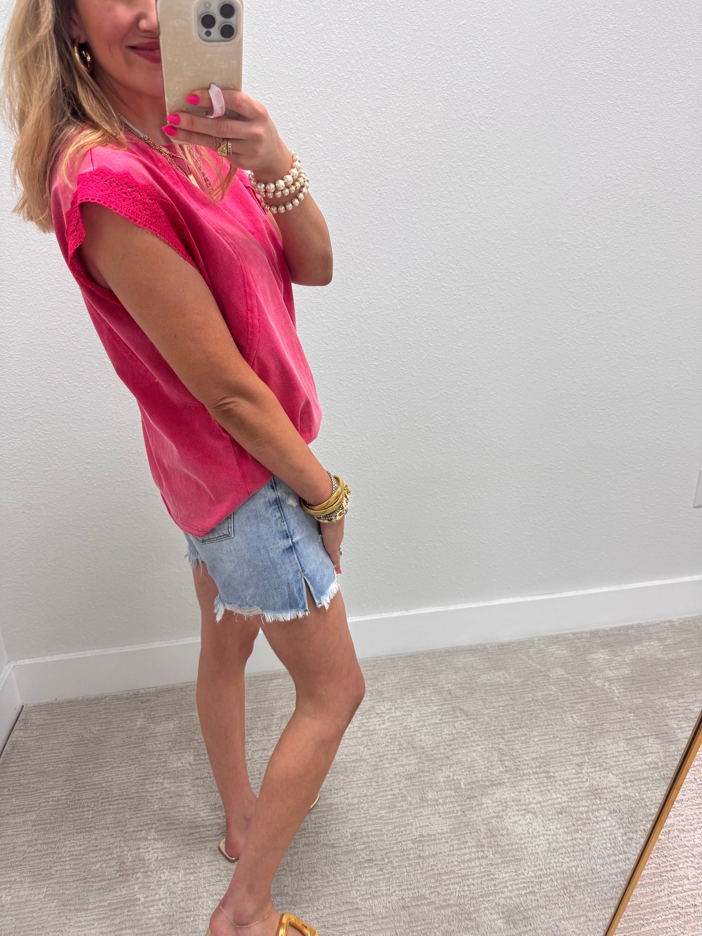 Pink Vintage Knit Top with Lace Detail