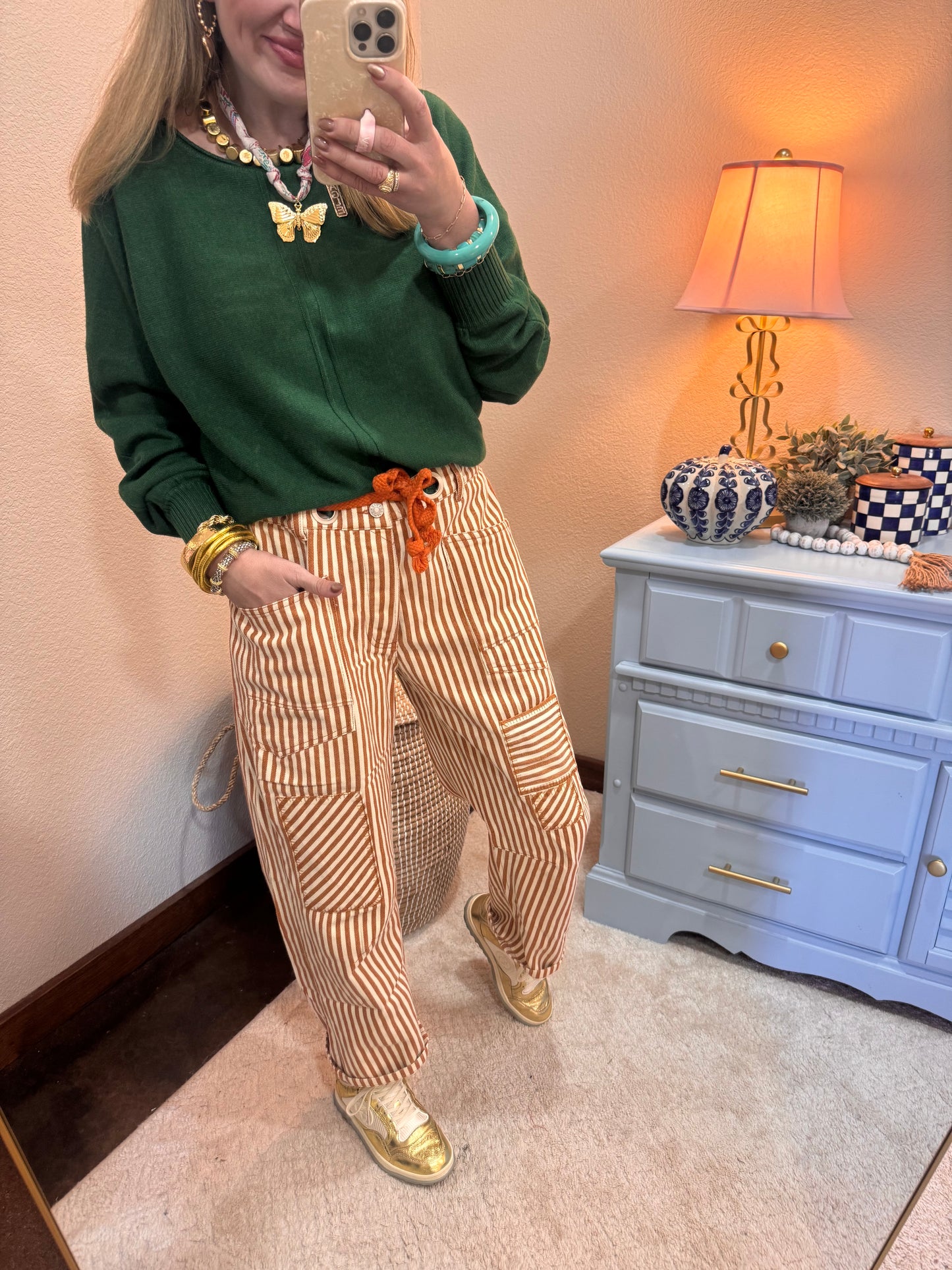 Rust Striped Twill Barrel Pants