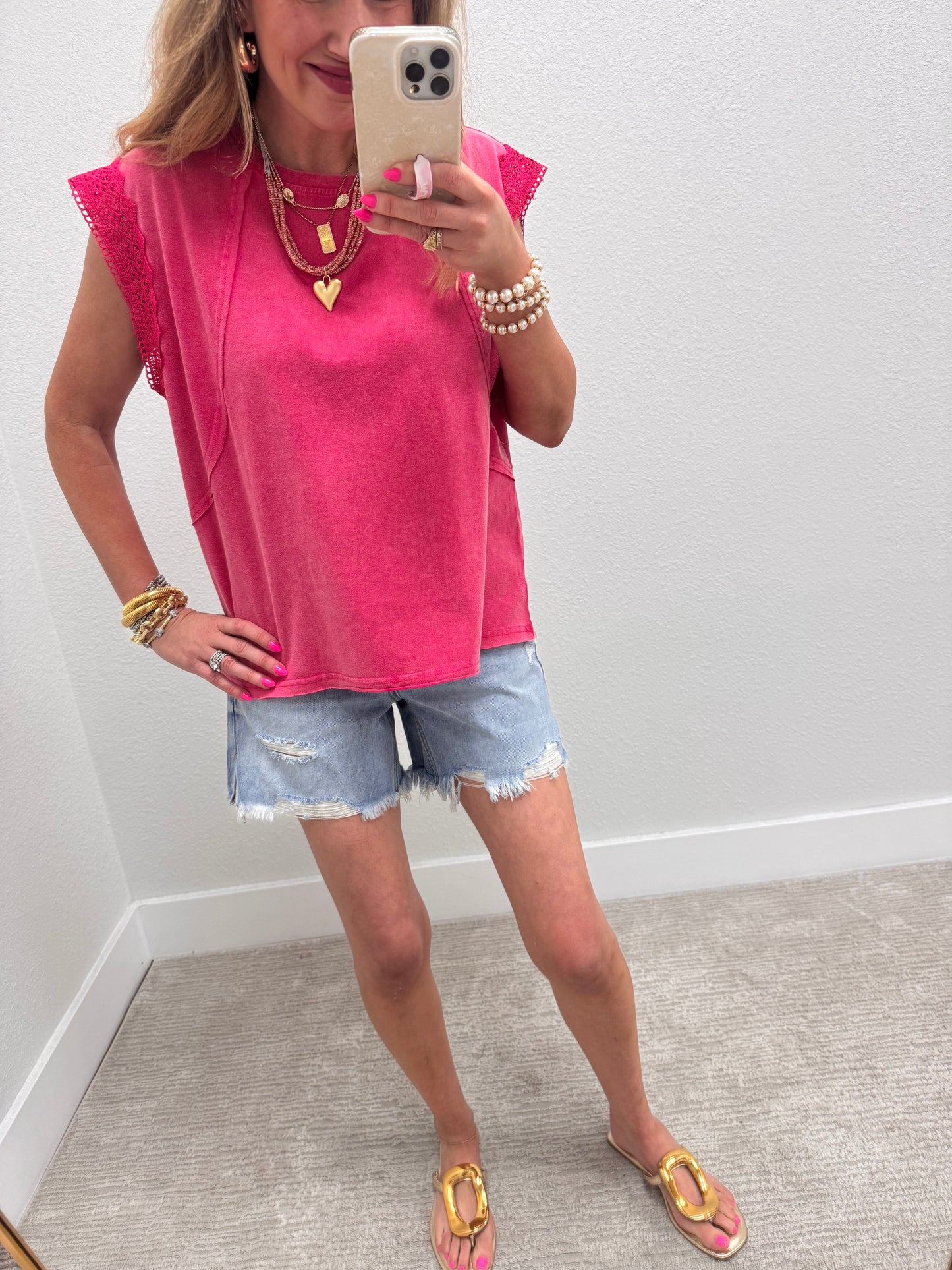 Pink Vintage Knit Top with Lace Detail