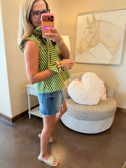 Green Tie Neck Sleeveless Stripe Top