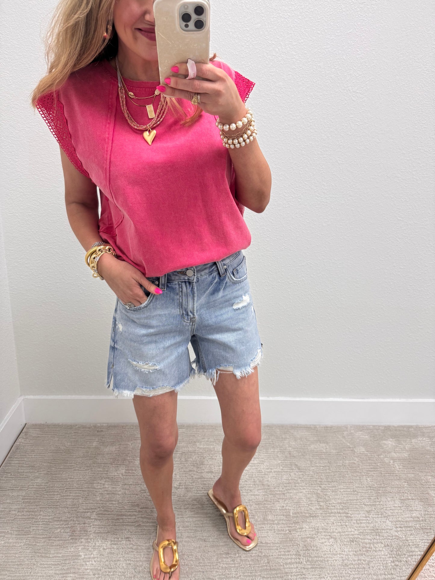 Pink Vintage Knit Top with Lace Detail