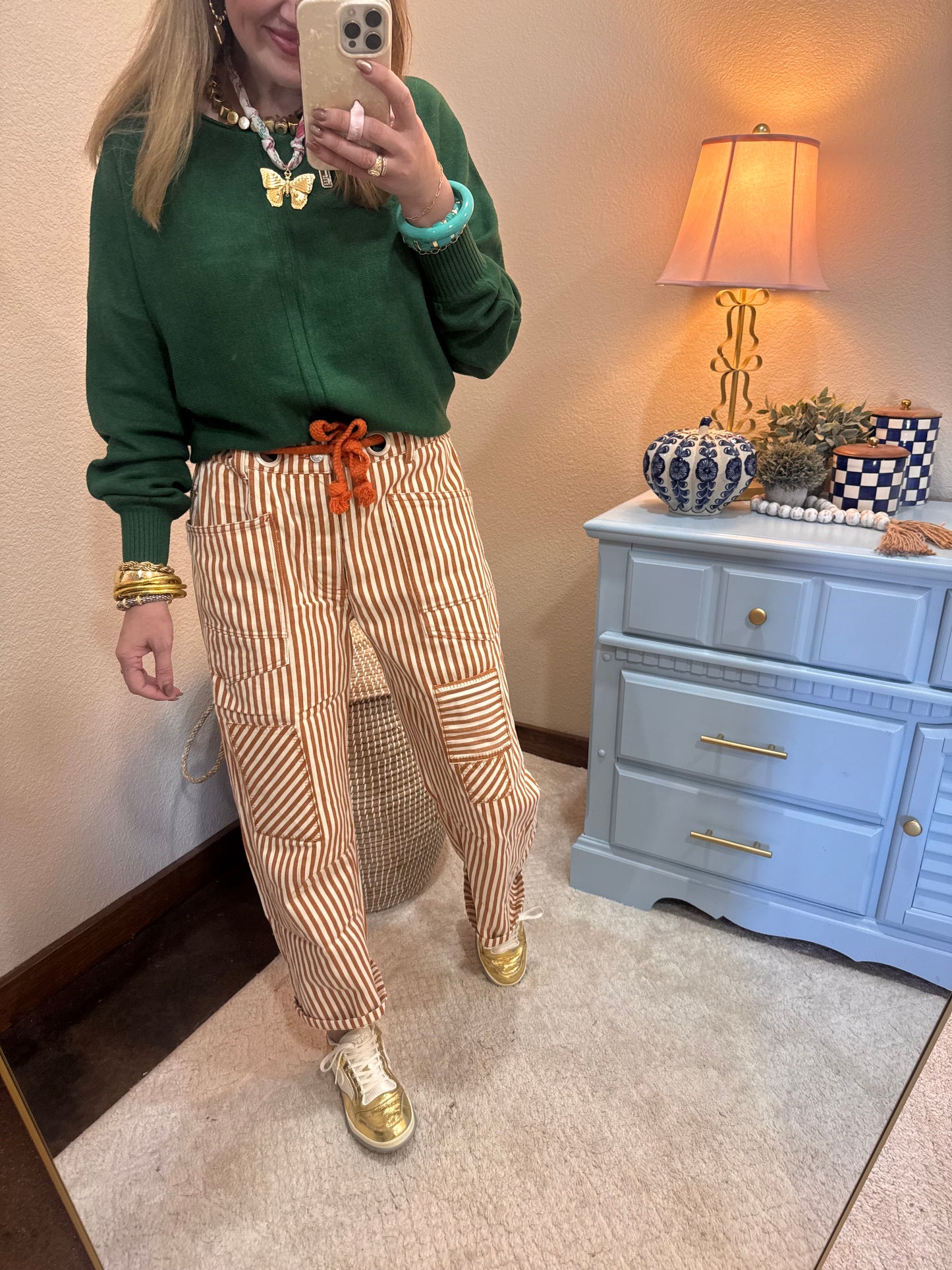 Rust Striped Twill Barrel Pants