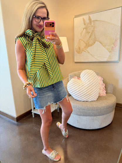 Green Tie Neck Sleeveless Stripe Top