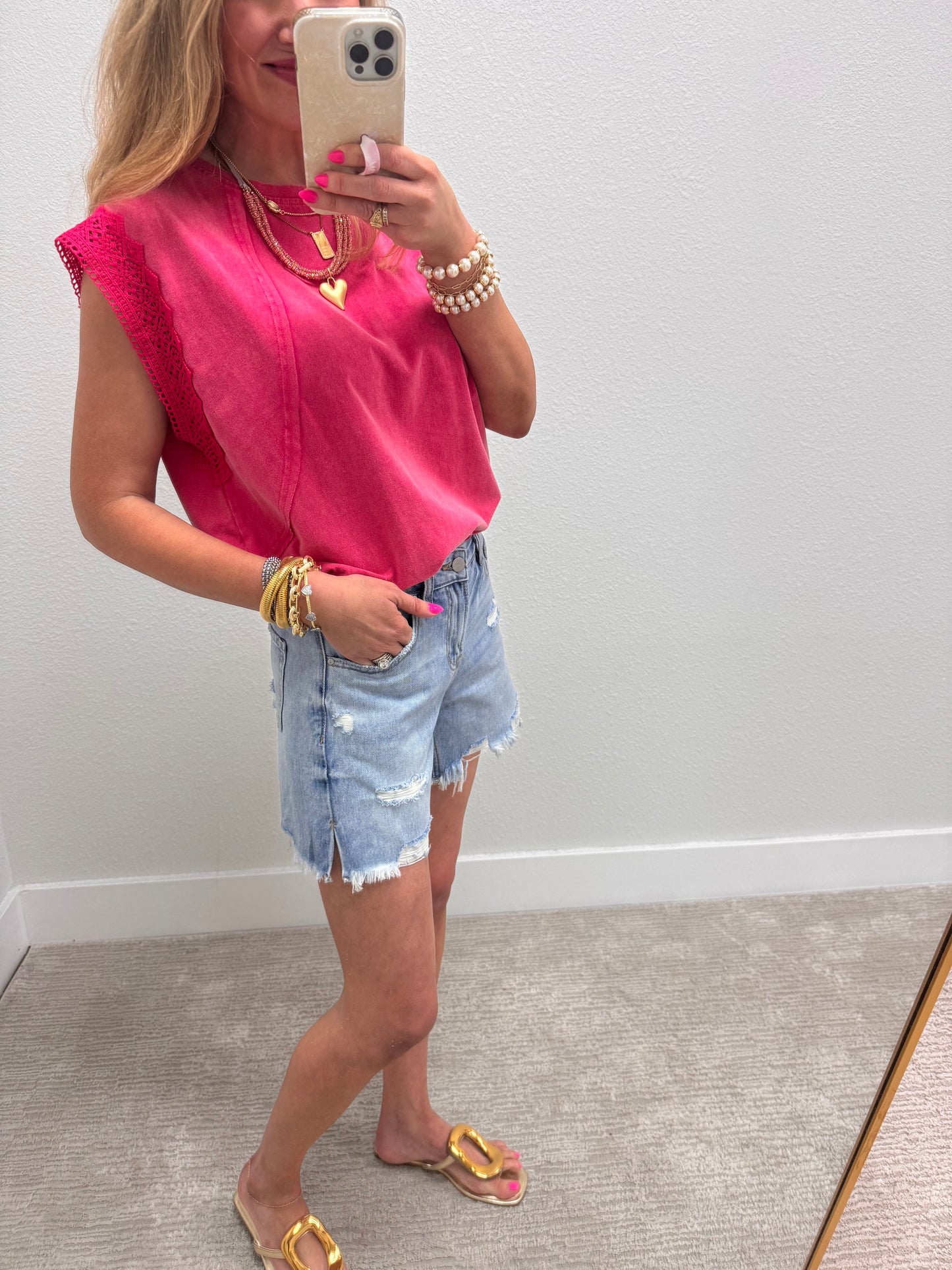 Pink Vintage Knit Top with Lace Detail