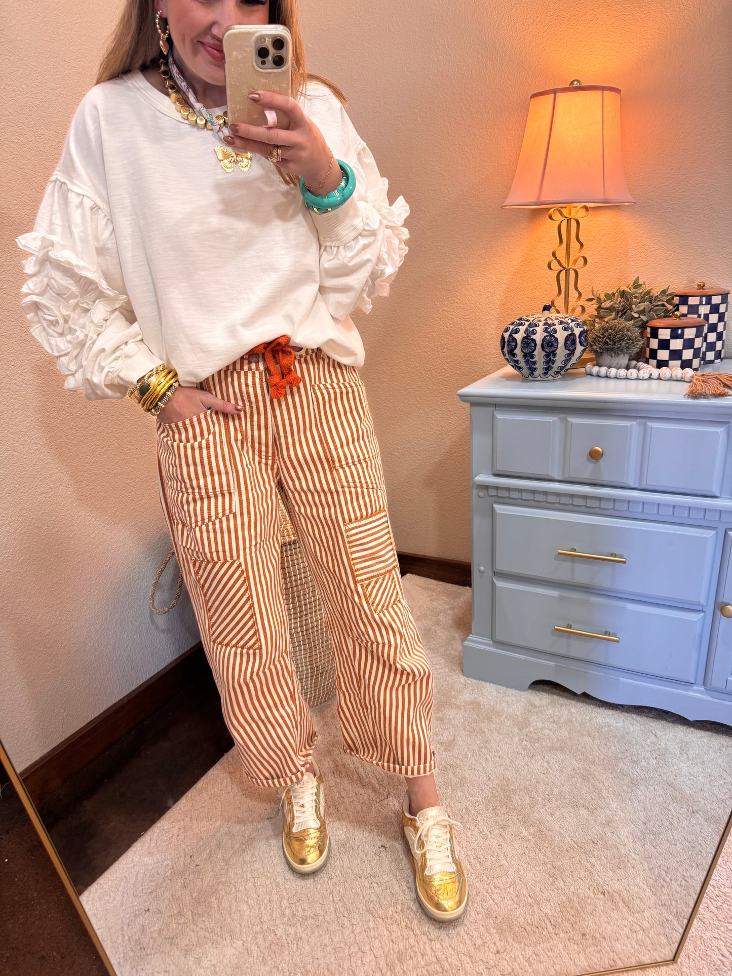 Rust Striped Twill Barrel Pants