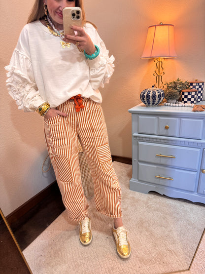 Rust Striped Twill Barrel Pants
