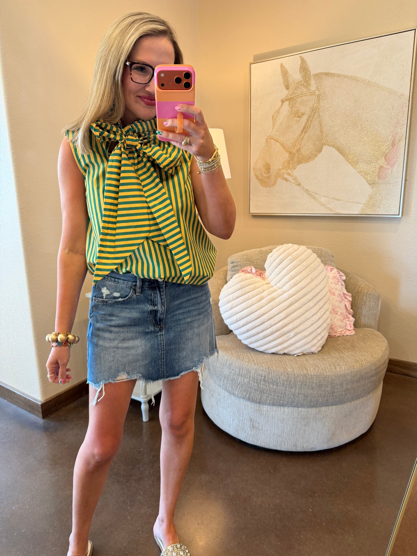 Green Tie Neck Sleeveless Stripe Top
