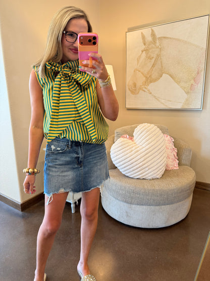 Green Tie Neck Sleeveless Stripe Top